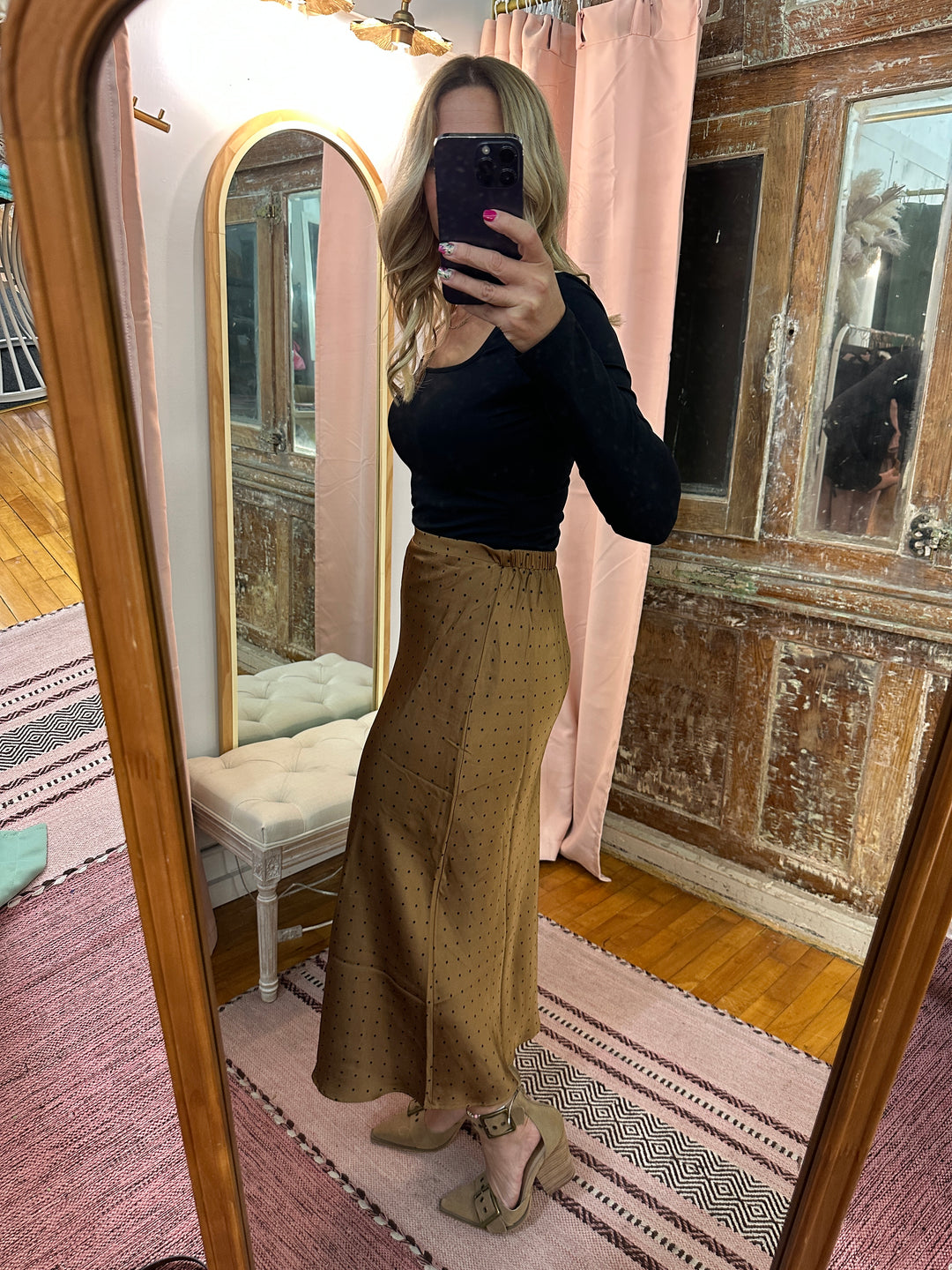 Polka Dot Satin Midi Skirt