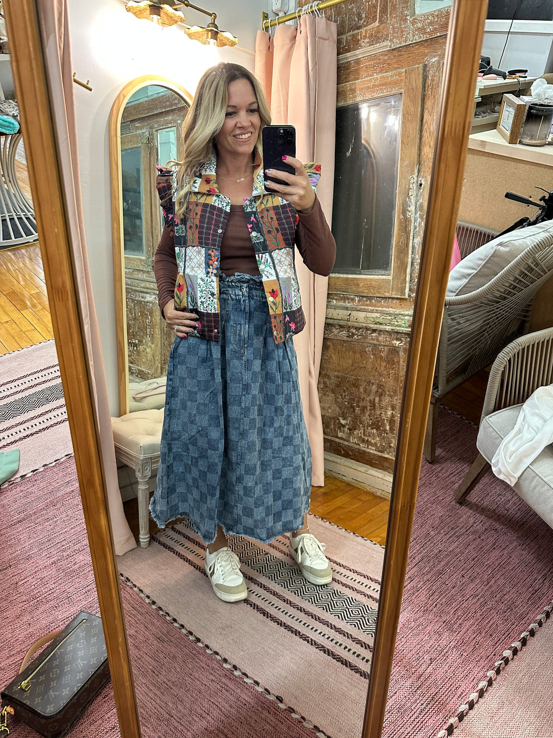 Washed Checkered Denim Midi Skirt