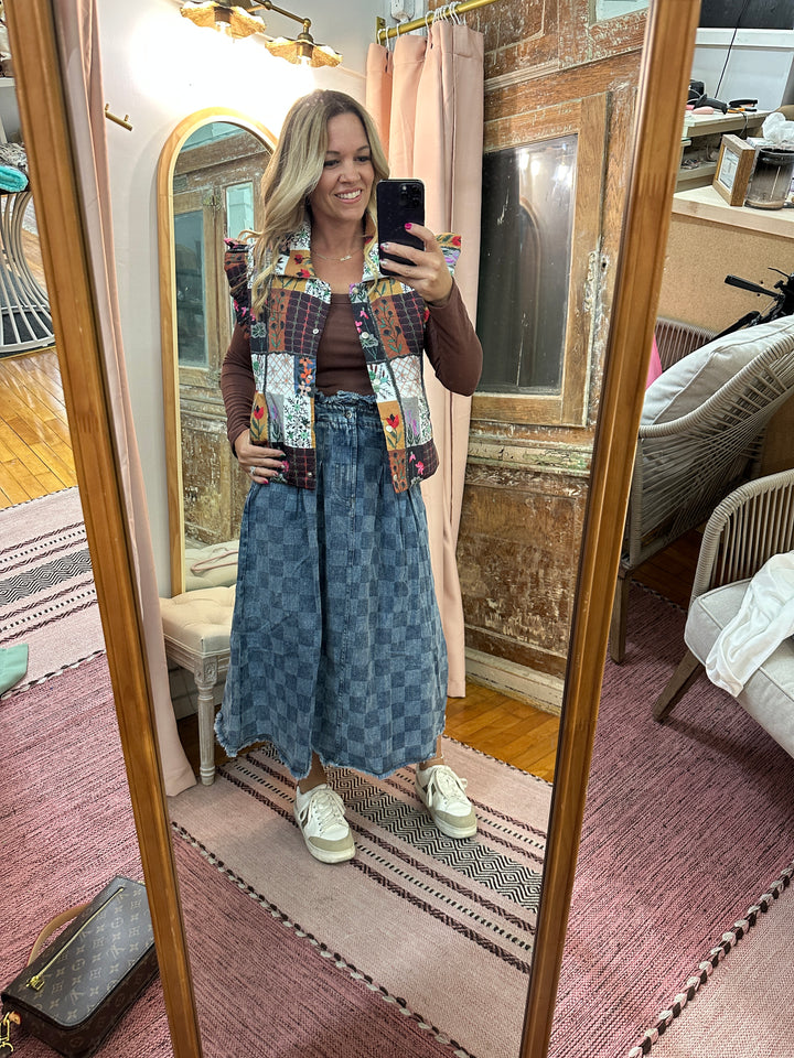 Washed Checkered Denim Midi Skirt