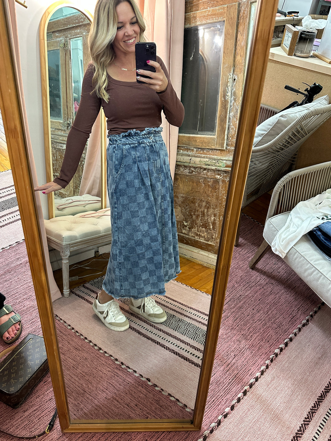 Washed Checkered Denim Midi Skirt