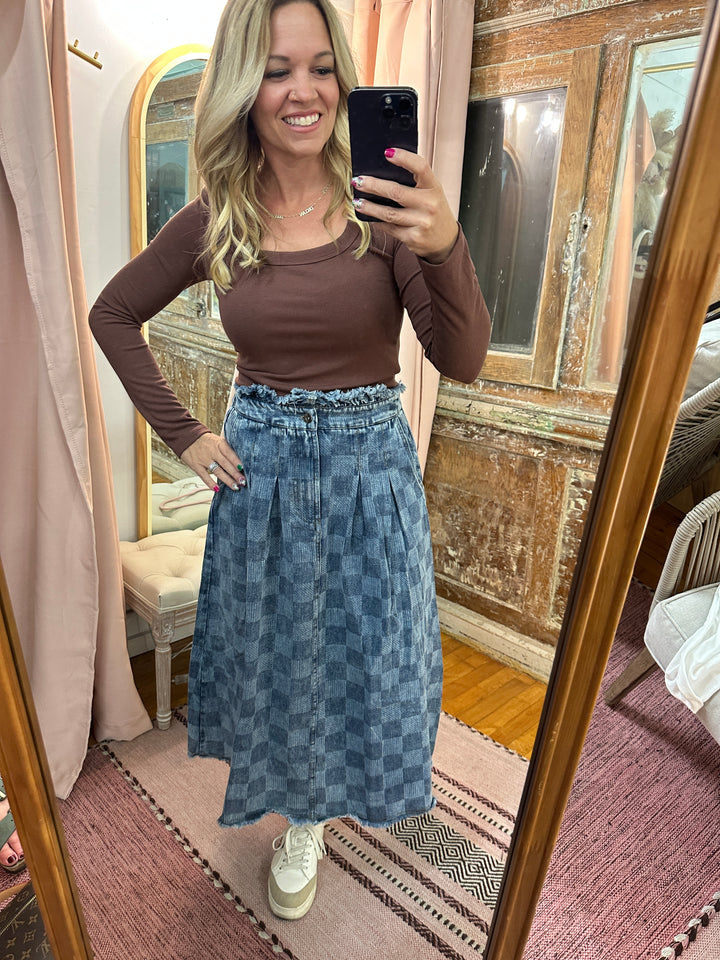 Washed Checkered Denim Midi Skirt