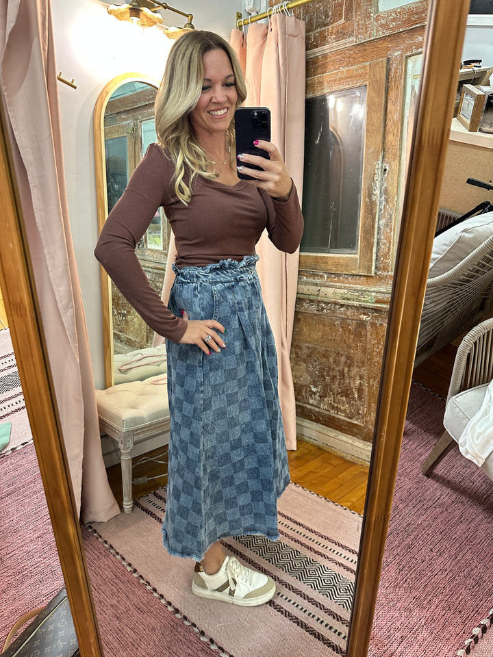 Washed Checkered Denim Midi Skirt