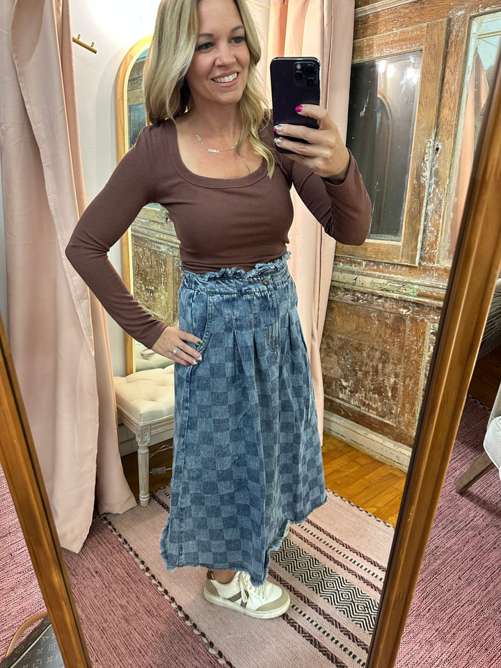 Washed Checkered Denim Midi Skirt