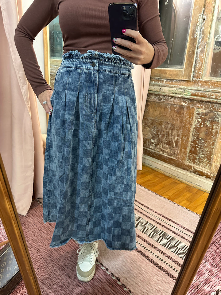 Washed Checkered Denim Midi Skirt