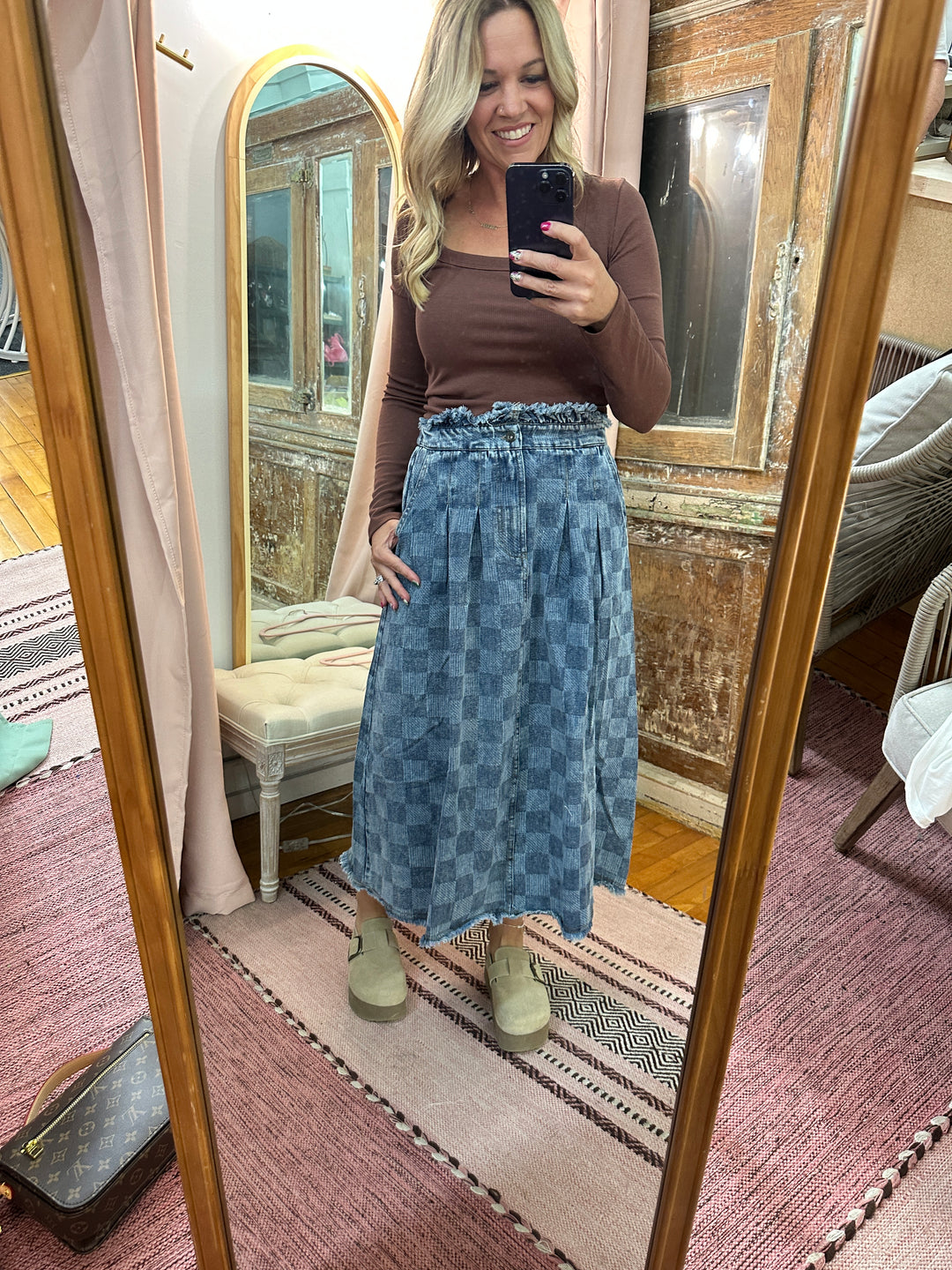 Washed Checkered Denim Midi Skirt