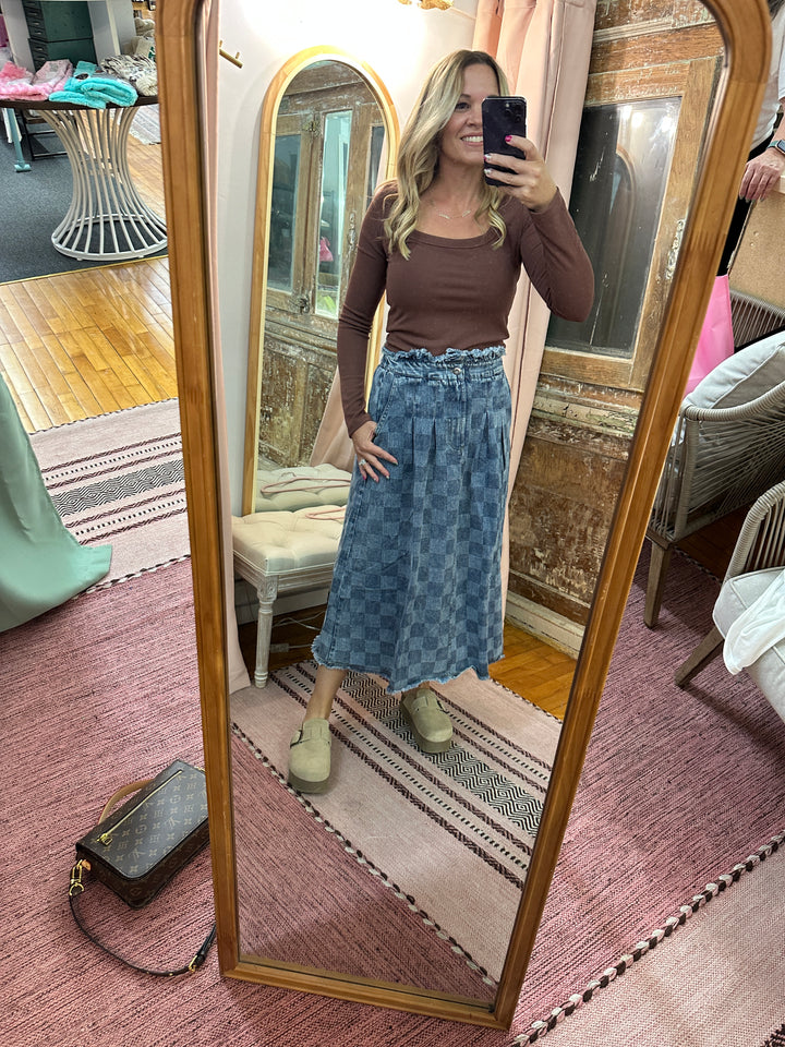 Washed Checkered Denim Midi Skirt