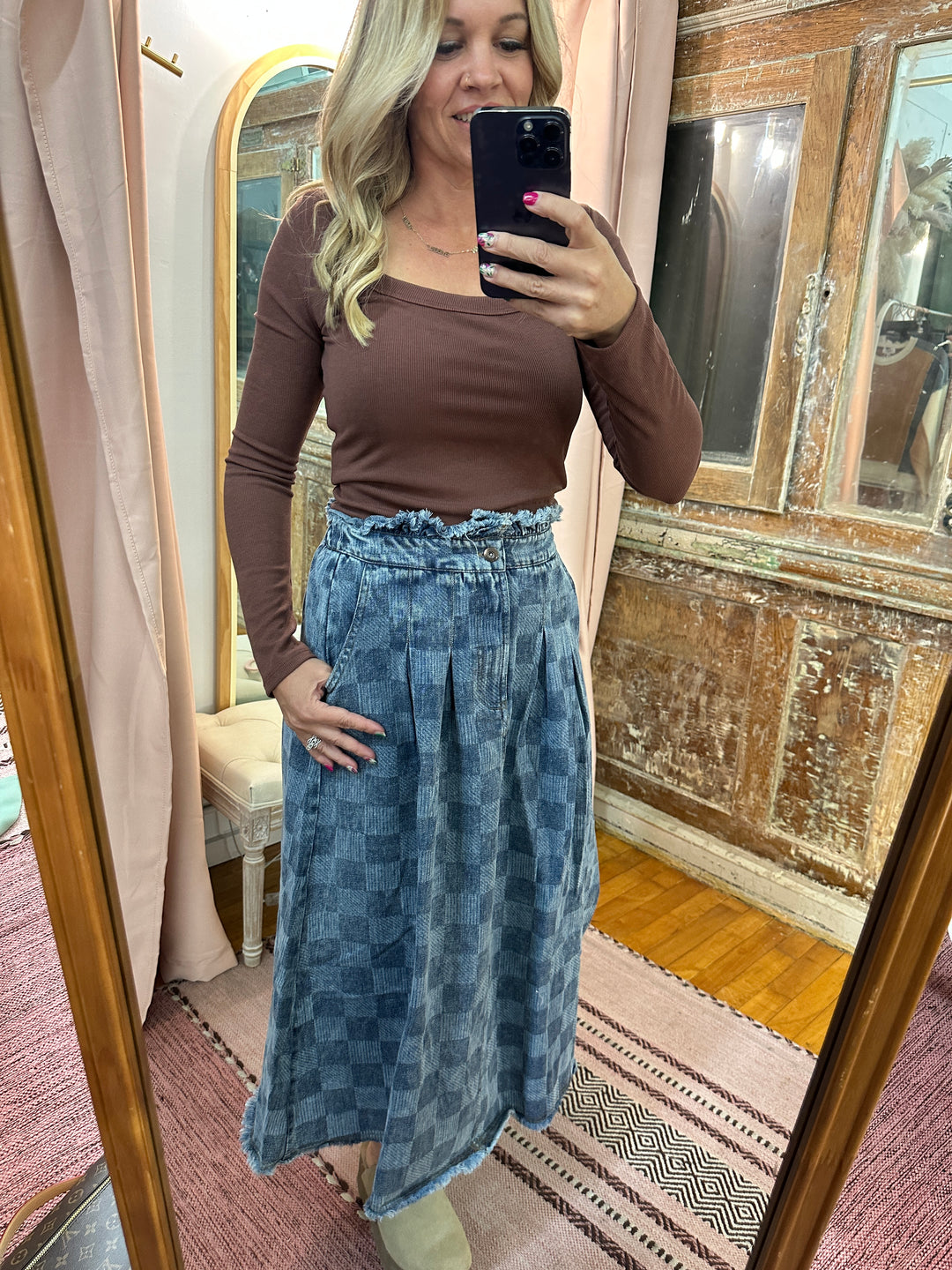 Washed Checkered Denim Midi Skirt