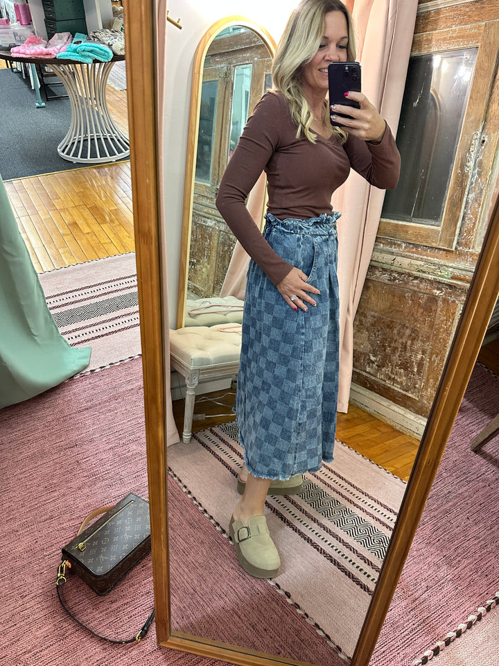 Washed Checkered Denim Midi Skirt