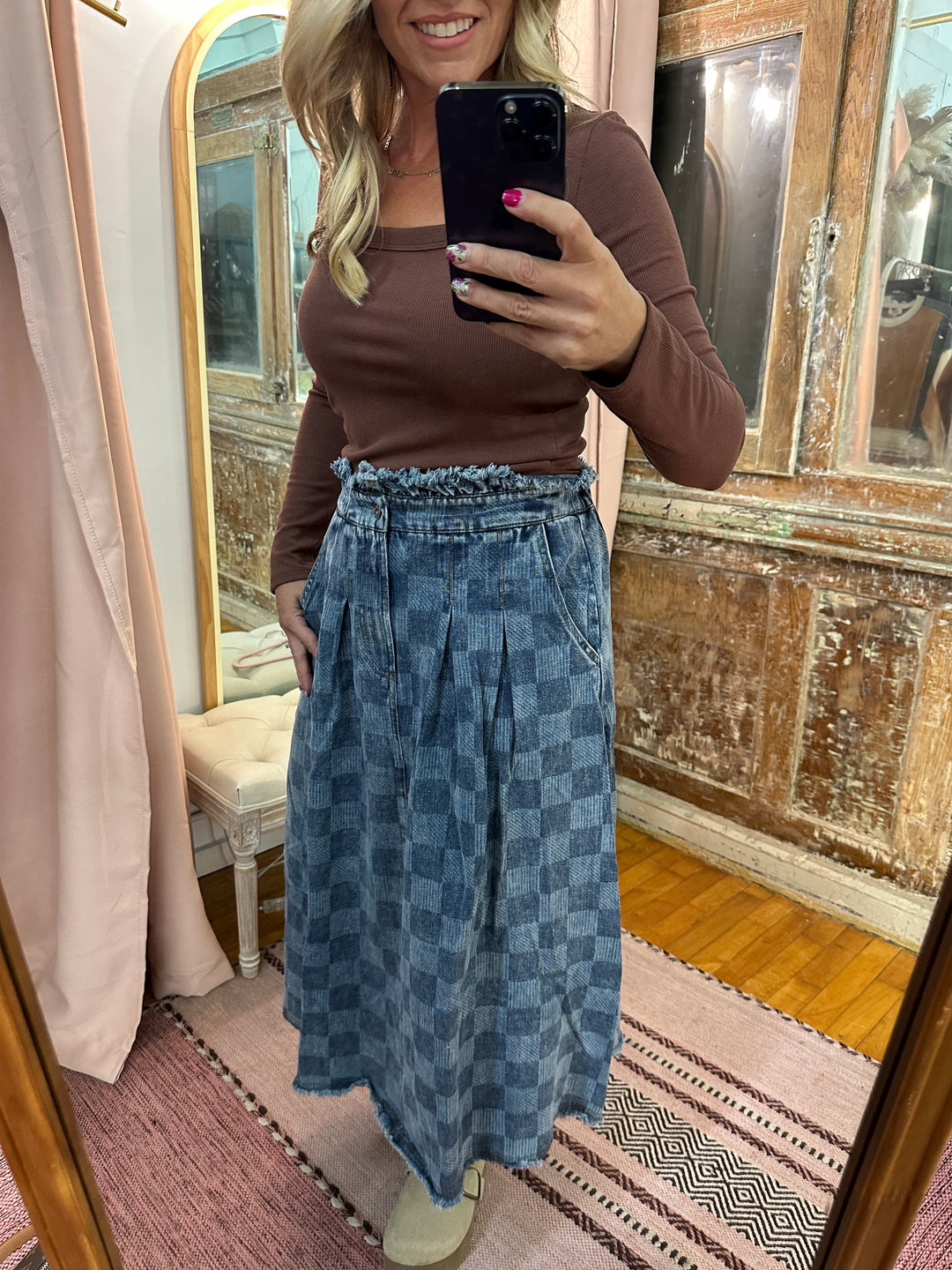 Washed Checkered Denim Midi Skirt