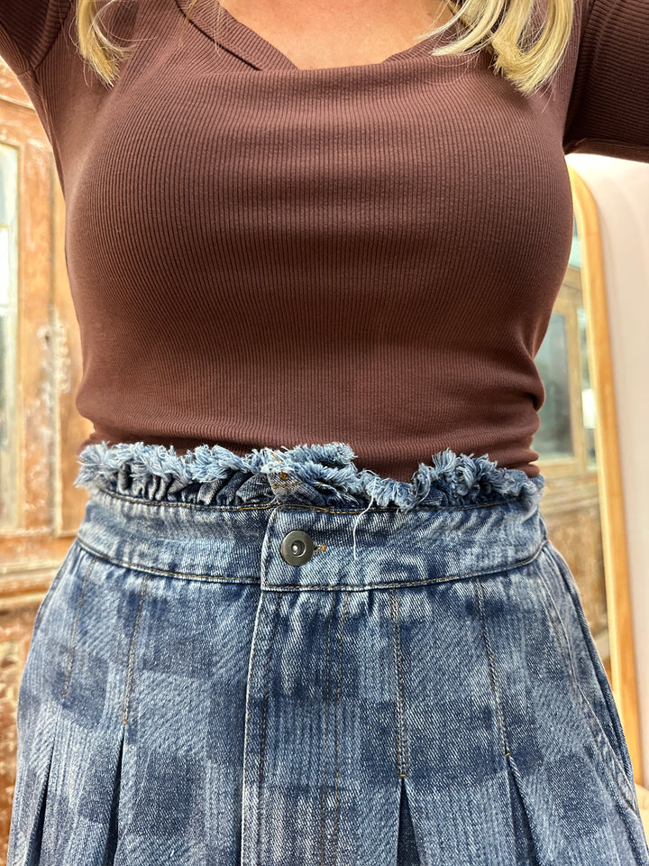 Washed Checkered Denim Midi Skirt