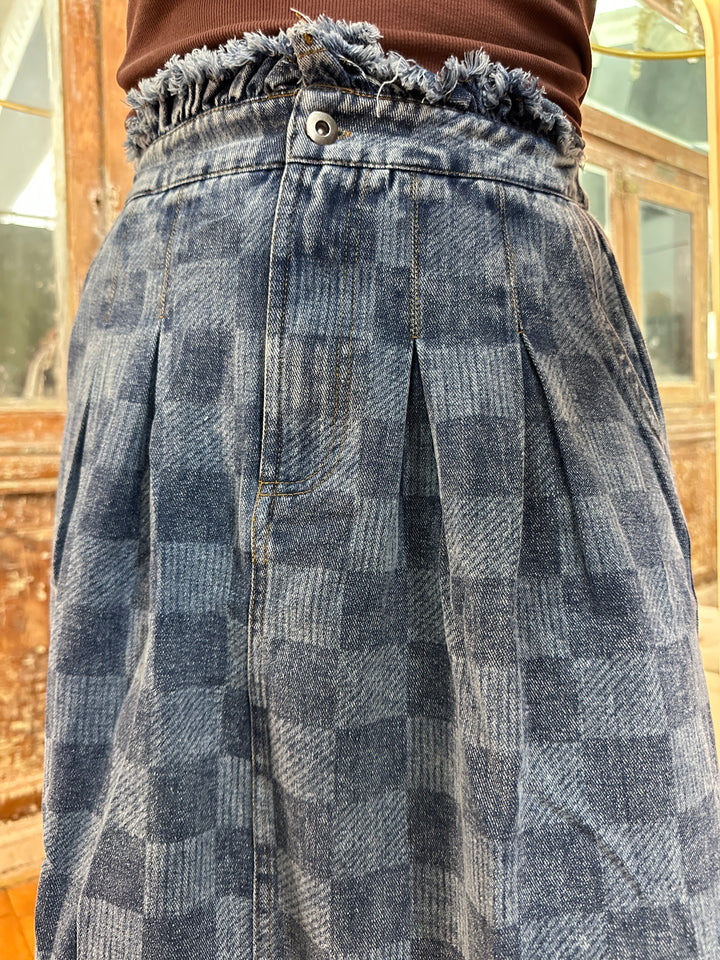 Washed Checkered Denim Midi Skirt