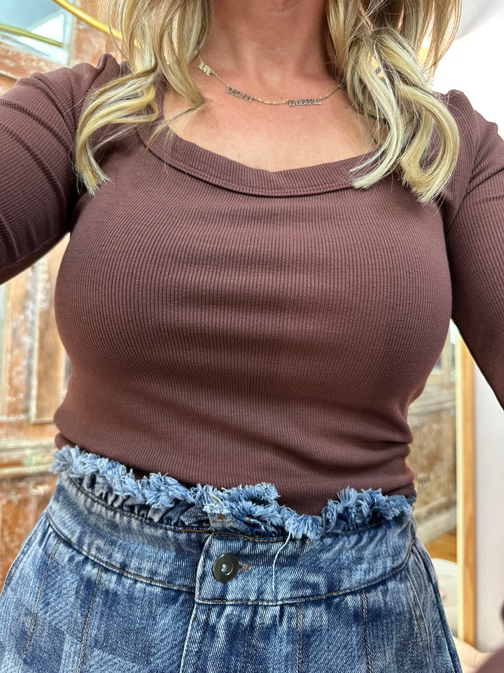 Scoop Neck Fitted Ribbed Knit Top