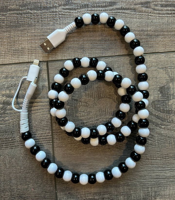 Beaded Phone Charger with Lightning & USB-C Cable: White Pearl