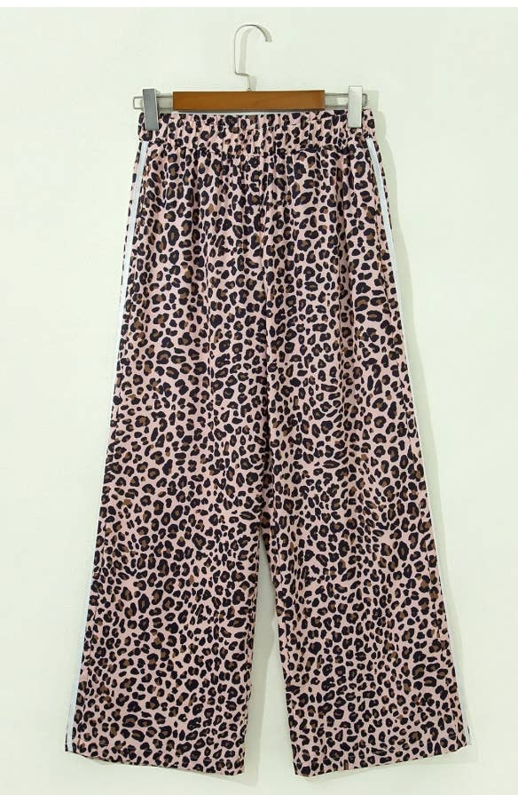 Beige Leopard Print Side Striped Detail Casual Wide Leg Pants: Beige / 100%Polyester / L