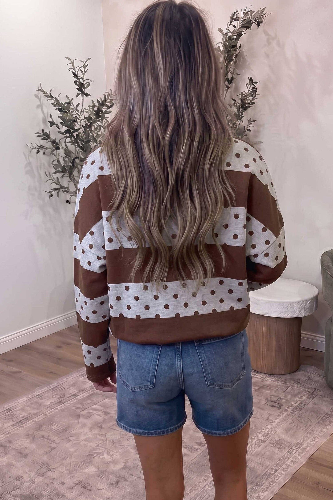 Brown Stripe Patchwork Polka Dot Accent Quarter Zip Long Sleeve Top: Brown Stripe / 100%Polyester / L