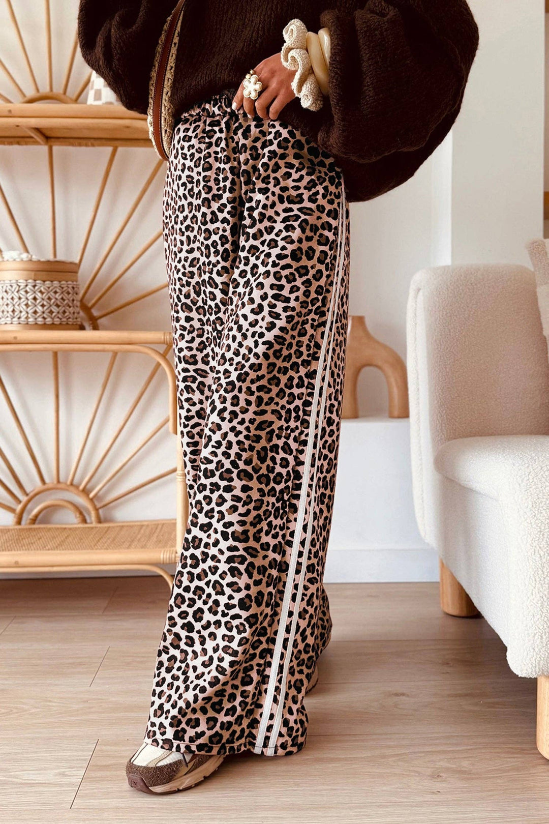 Beige Leopard Print Side Striped Detail Casual Wide Leg Pants: Beige / 100%Polyester / L