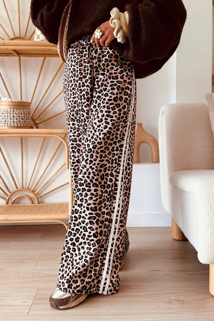 Beige Leopard Print Side Striped Detail Casual Wide Leg Pants: Beige / 100%Polyester / L
