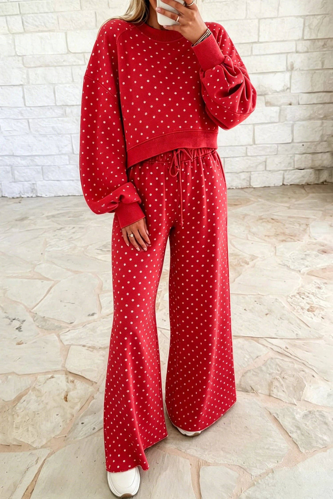 Polka Dot Drawstring Wide Leg Long Sleeve Top Pant Set: Red / 100%Polyester / L