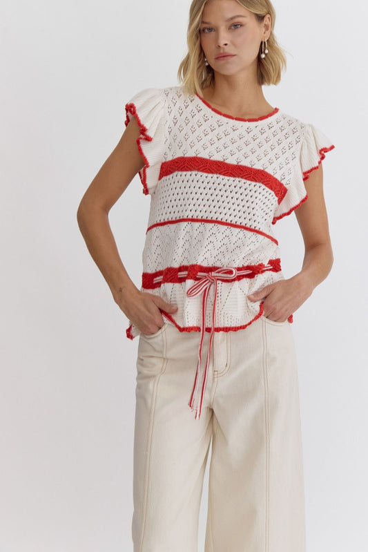 Red & White Sleeveless Knit Top