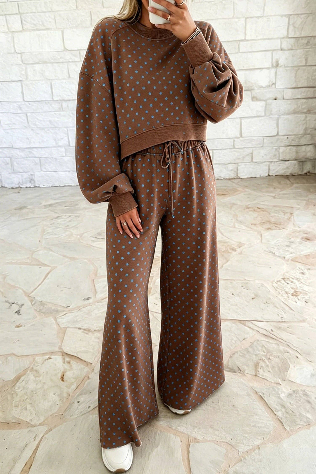 Polka Dot Drawstring Wide Leg Long Sleeve Top Pant Set: Red / 100%Polyester / L