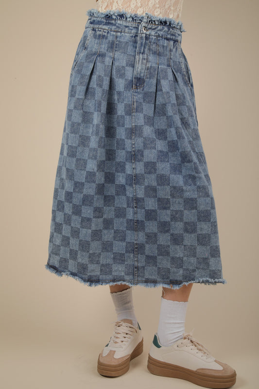 Washed Checkered Denim Midi Skirt