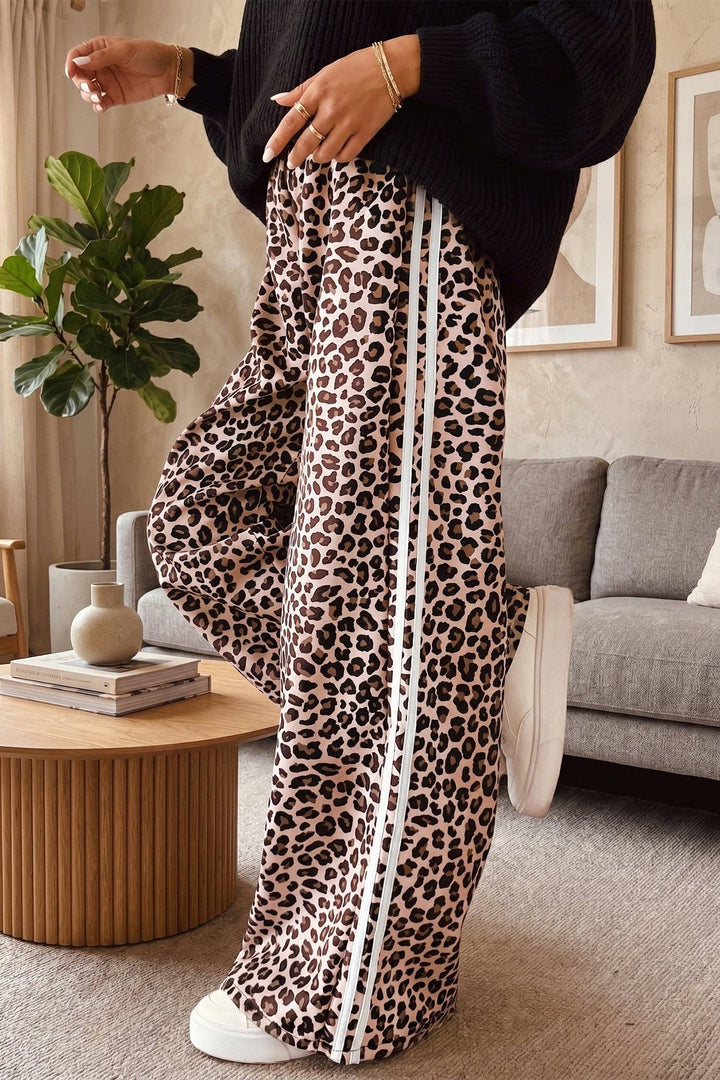 Beige Leopard Print Side Striped Detail Casual Wide Leg Pants: Beige / 100%Polyester / L