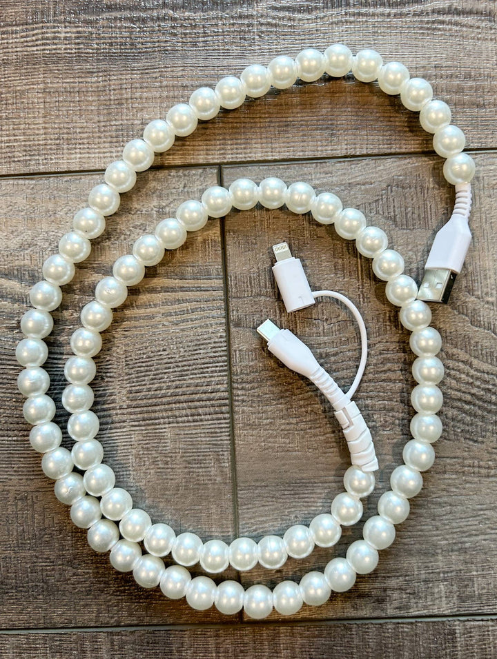 Beaded Phone Charger with Lightning & USB-C Cable: White Pearl
